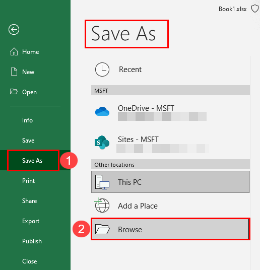 Save as browse on Excel