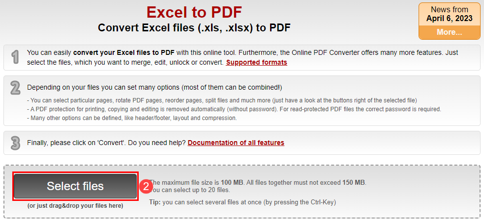 Upload file to online Excel to PDF converter