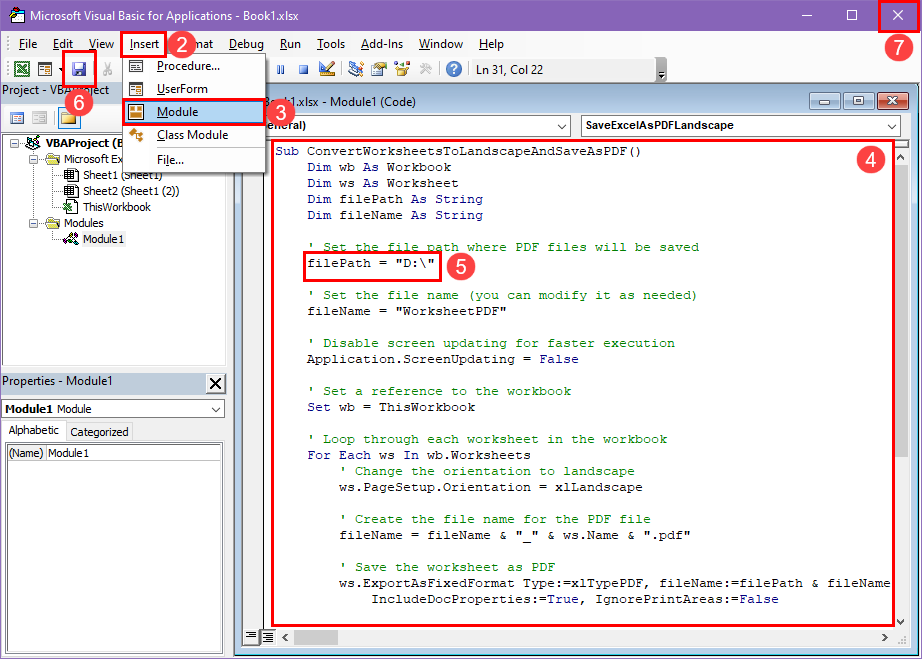 Use Excel VBA to save Excel as PDF landscape